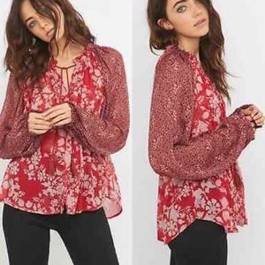 Free People Red Floral
Long Sleeve Boho Sheer Peasant Tasseled
Top- Medium